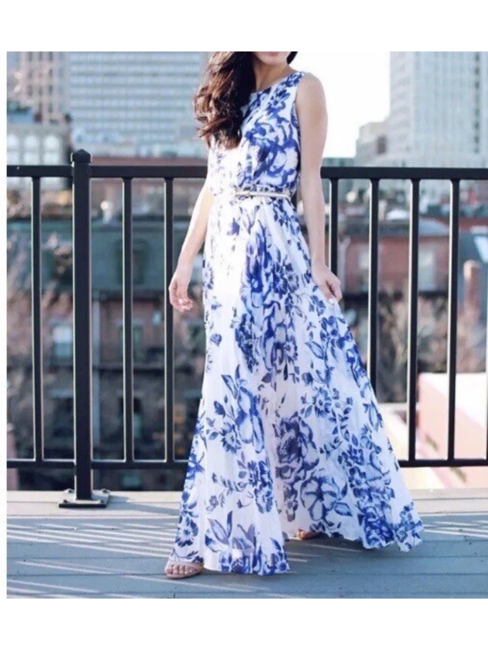 Eliza J Pleated Maxi Dress 6 Blue White Floral Chiffon Sleeveless Women's Lined